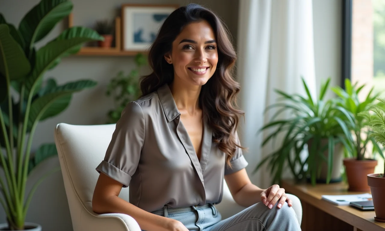 Mulher brasileira usando calça de alfaiataria cinza claro e blusa de seda, sentada em escritório em casa.