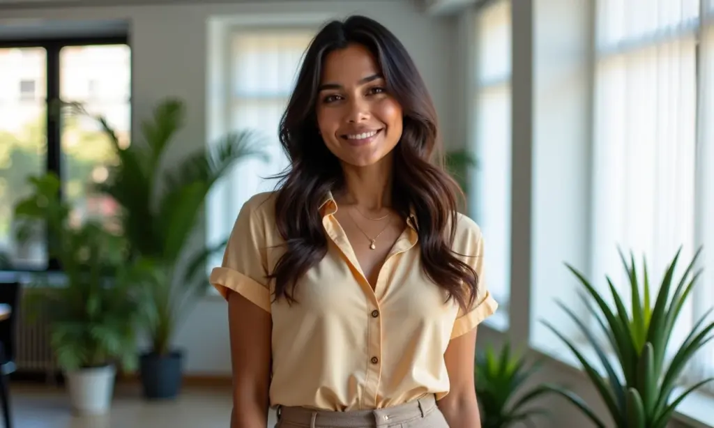 Mulher brasileira vestindo look de trabalho leve para o verão em escritório moderno e iluminado.