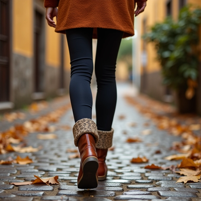 Mulher com botas e meias quentes caminhando em rua histórica.