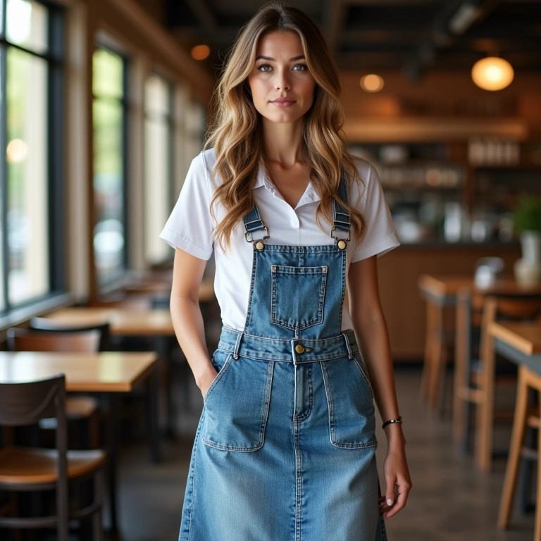 Mulher com saia jeans midi e camisa branca em café ensolarado.