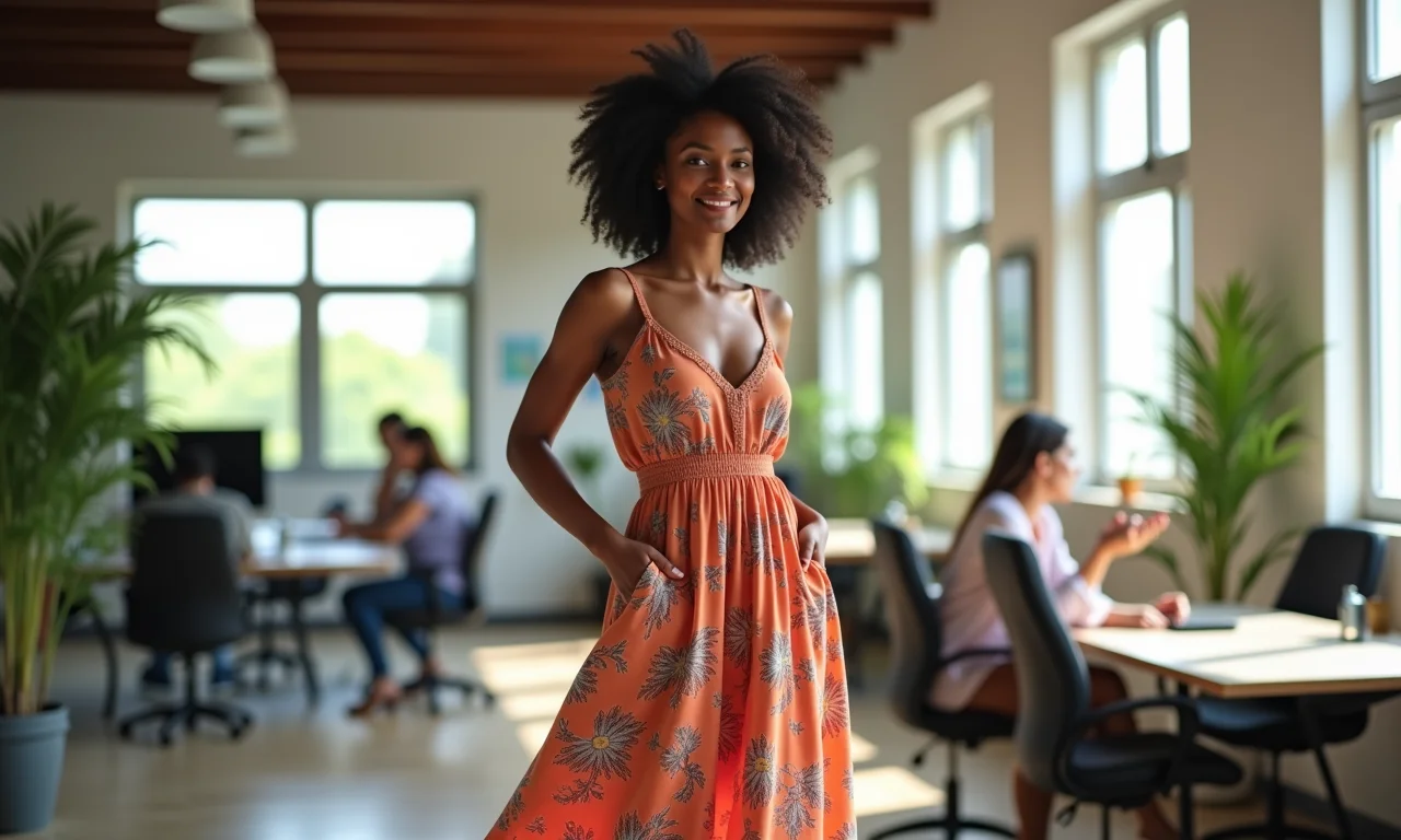 Mulher com vestido midi em tecido fluido em escritório bem iluminado e decorado com elementos brasileiros.