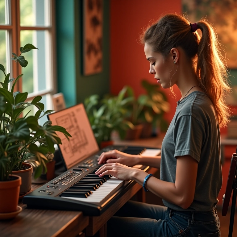 Mulher compondo música em teclado digital em estúdio colorido.