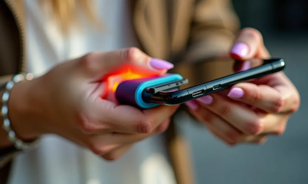 Mulher conectando power bank colorido ao celular.