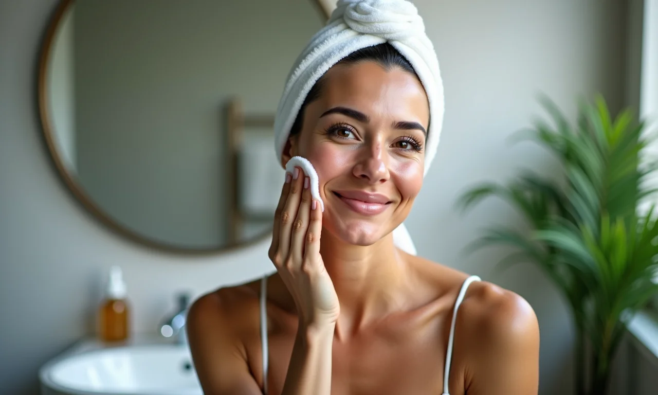 Mulher de meia idade aplicando tônico facial com algodão, equilibrando o pH da pele após a limpeza.