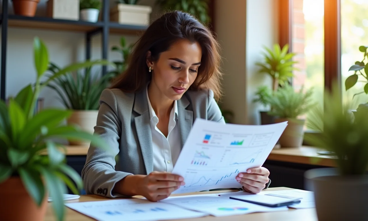 Mulher de negócios brasileira analisando relatórios financeiros para avaliação de ações.