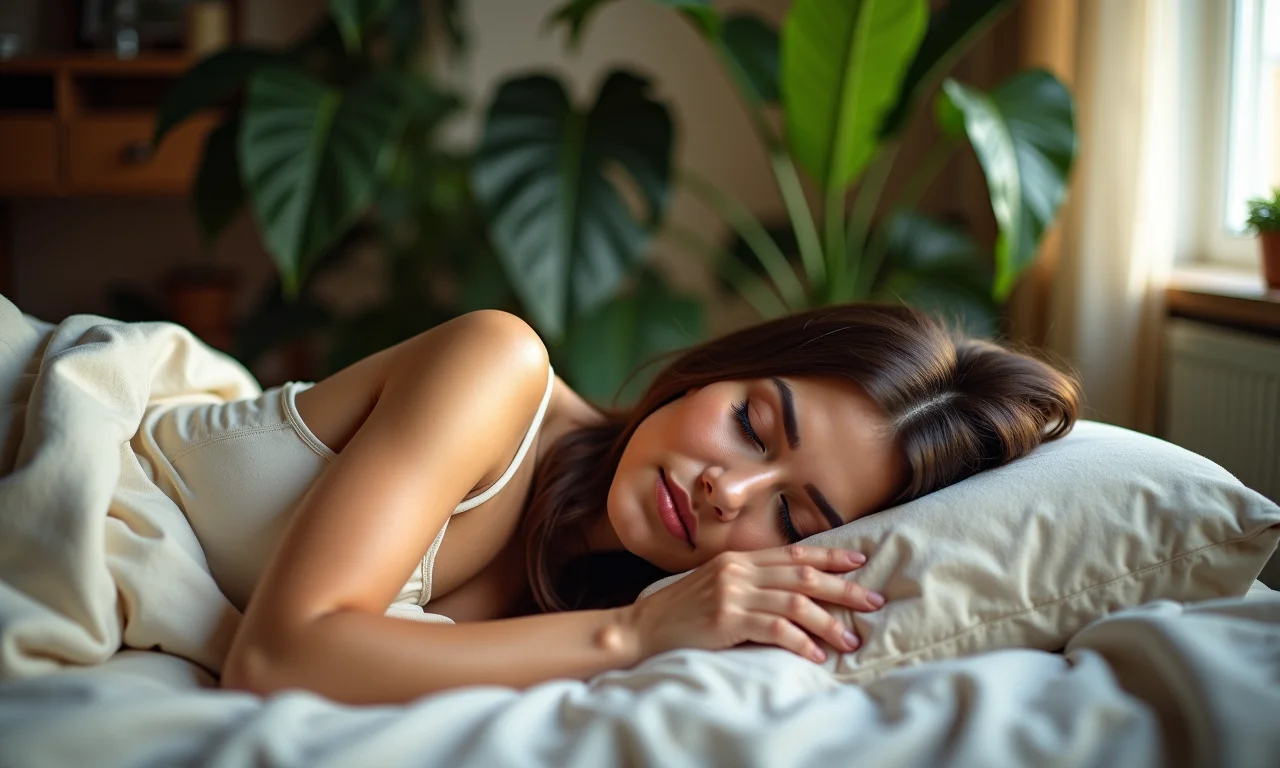 Mulher dormindo tranquilamente em um quarto aconchegante.