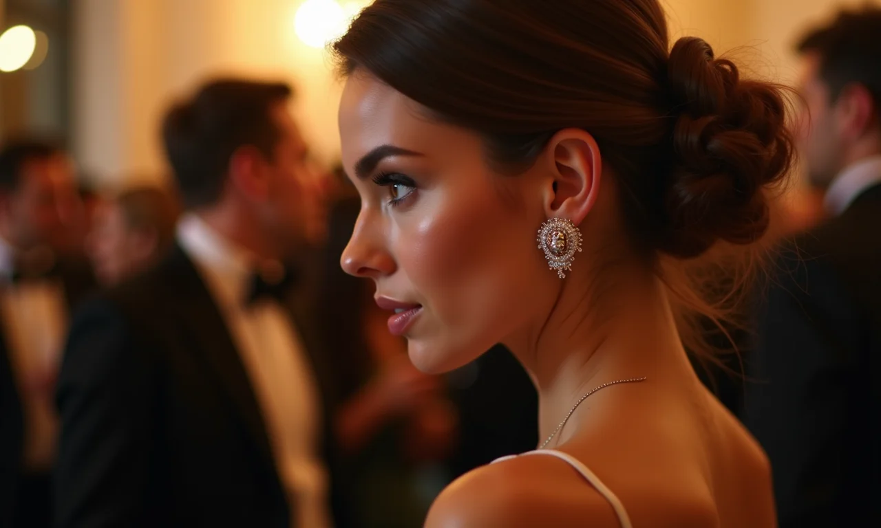 Mulher elegante usando ear cuff sofisticado em uma festa.