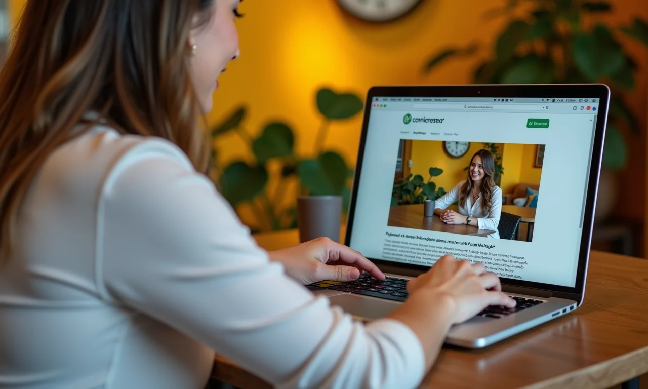 Mulher escolhendo tema para blog pessoal ou profissional no laptop.