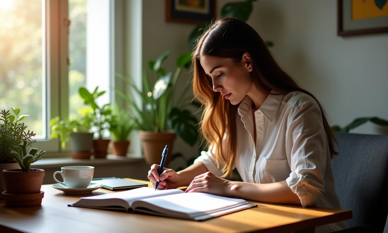 Mulher escrevendo anotações em escritório iluminado, com livro aberto sobre responsabilidade parental.