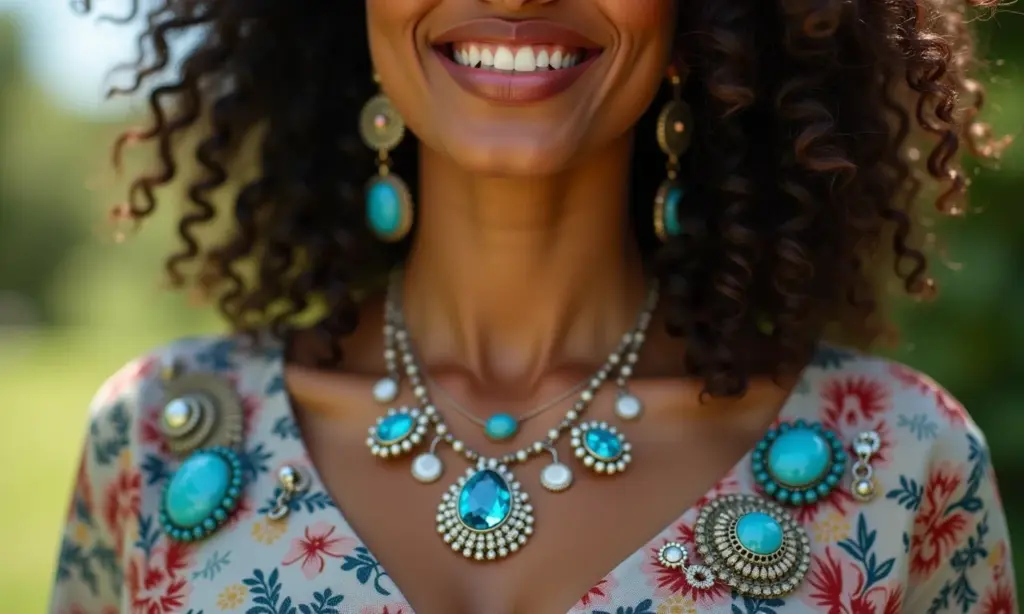 Mulher estilosa usando broches de diversas formas e tamanhos em sua roupa.