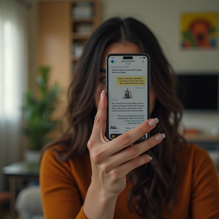 Mulher fotografando mensagens de assédio no celular como prova de ciberbullying.