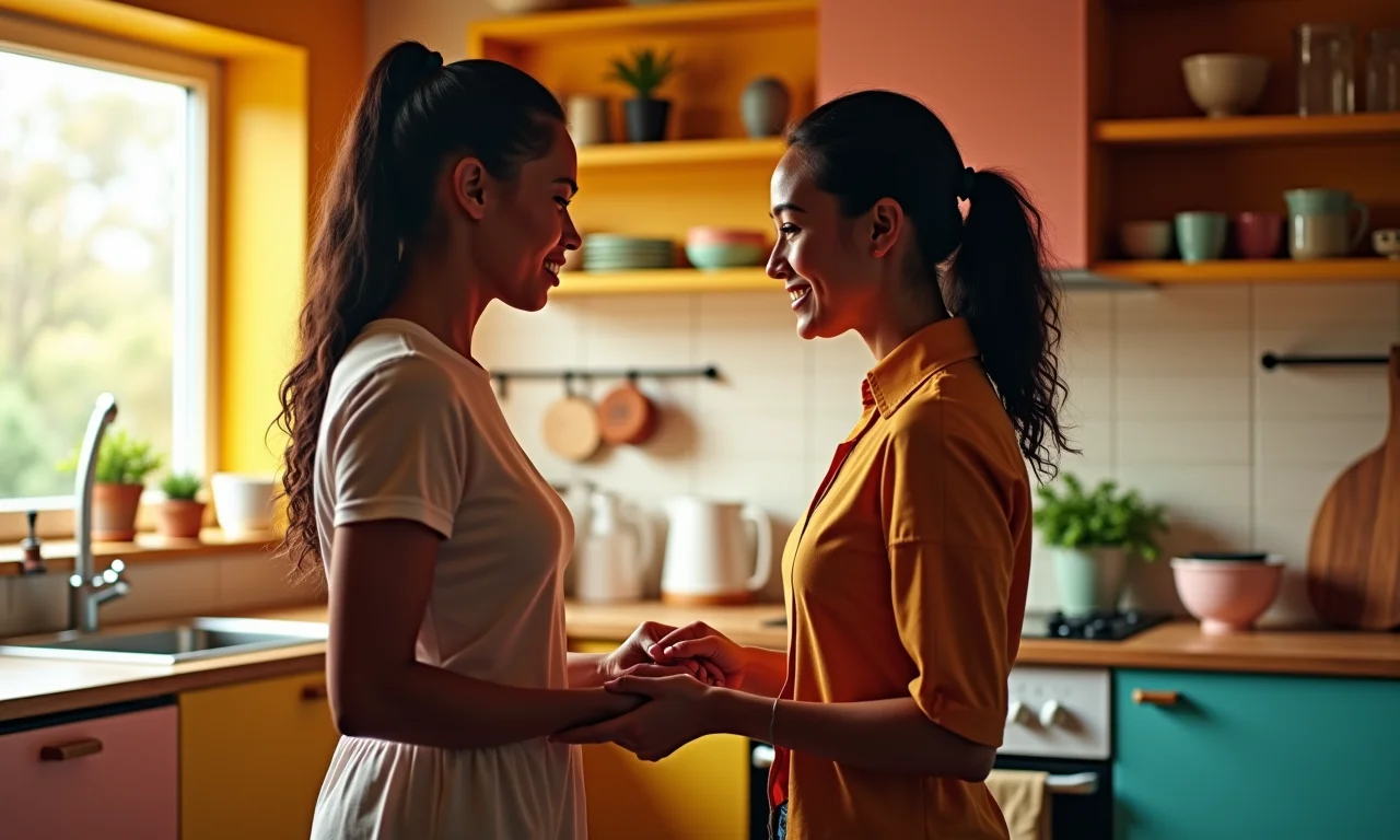 Mulher manipulando emocionalmente seu parceiro em uma cozinha colorida, representando manipulação emocional.