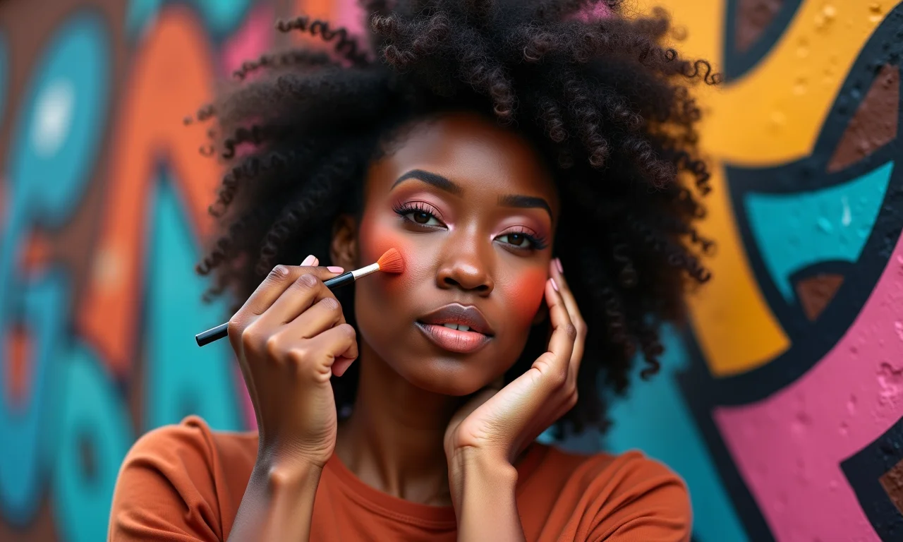 Mulher negra aplicando blush terracota em cenário urbano.