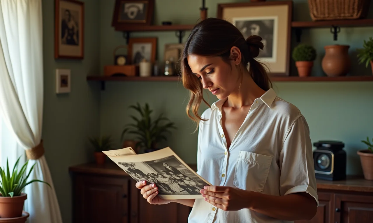 Mulher olhando fotos antigas em casa decorada em estilo Farm Rio, buscando suas origens.