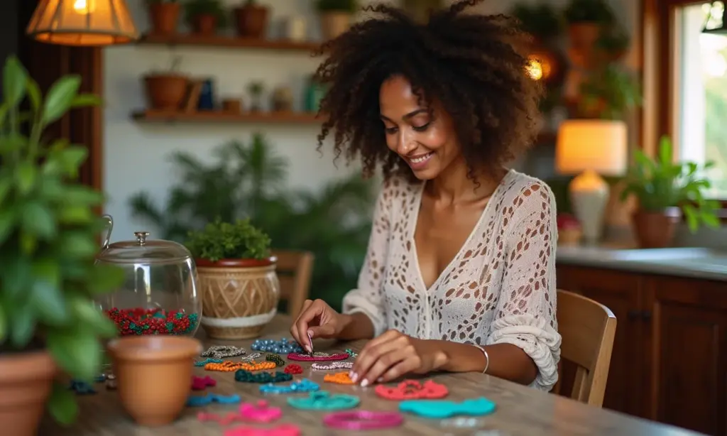Como organizar bijuterias: 10 ideias criativas Mulher organizando suas bijuterias coloridas em casa.