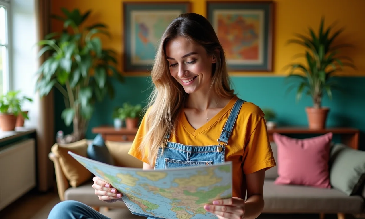 Mulher planejando rota de viagem em casa com decoração brasileira.