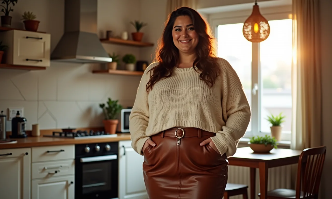 Mulher plus size com saia de couro marrom e tricô aconchegante em ambiente doméstico.