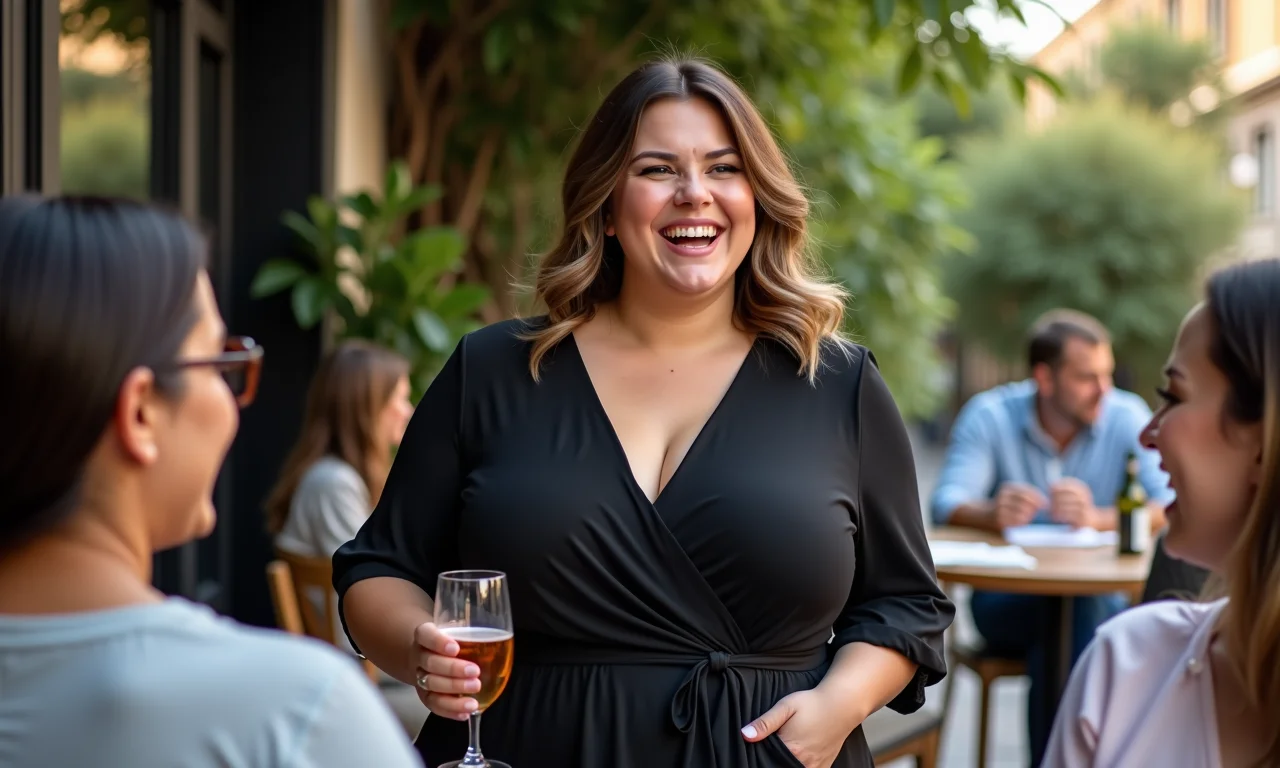 Mulher plus size em um café usando um vestido envelope preto.