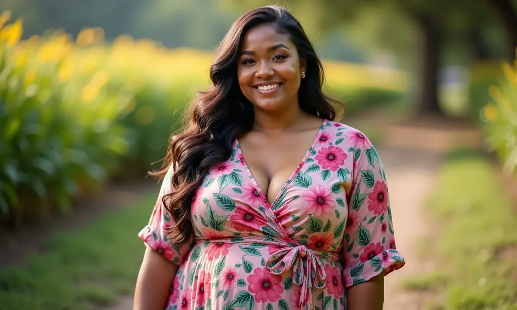 Vestido envelope plus size: o modelo que valoriza Mulher plus size sorrindo, vestindo um elegante vestido envelope floral em um ambiente vibrante.