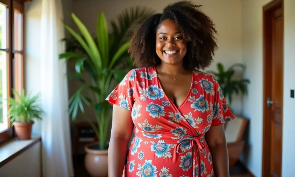 Mulher plus size sorrindo vestindo um elegante vestido envelope floral.