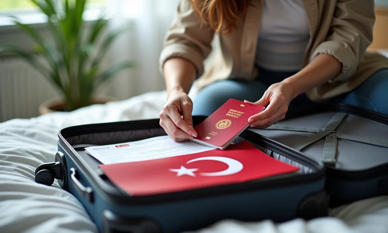 Mulher preparando documentos de viagem para a Turquia.