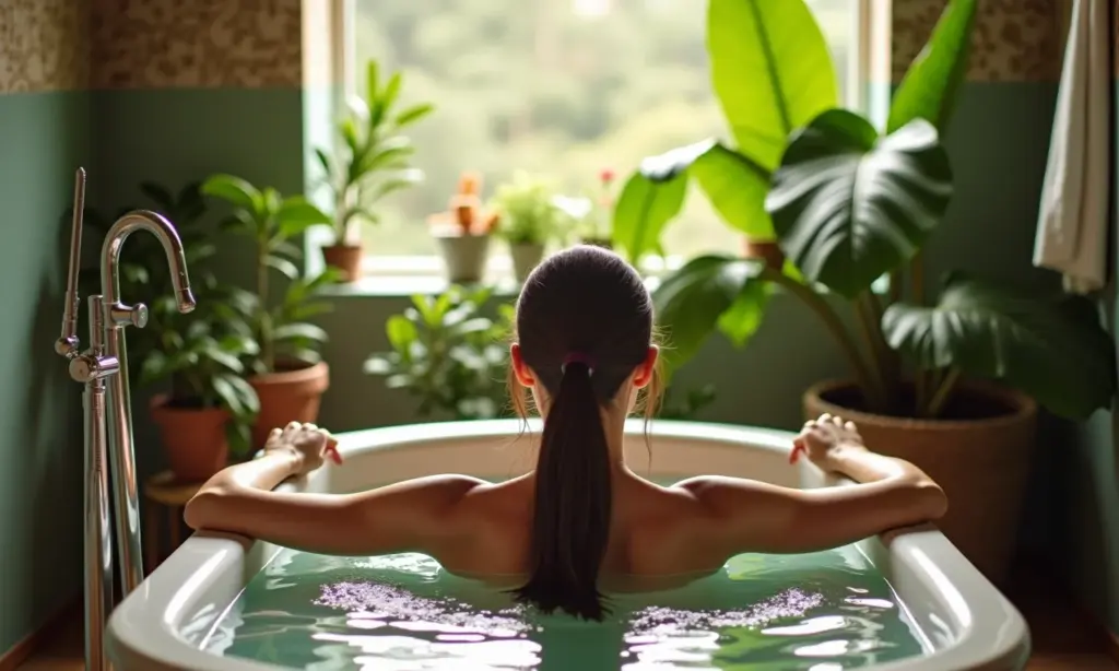 Mulher relaxando em um spa em casa decorado com estilo Farm Rio.