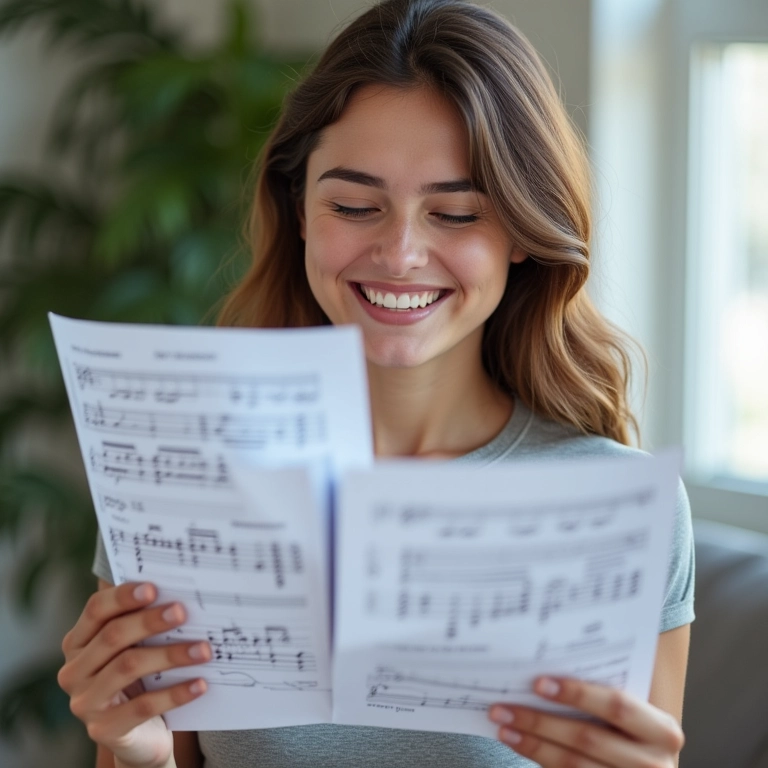 Mulher revisando notas musicais e gráficos de desempenho acadêmico.