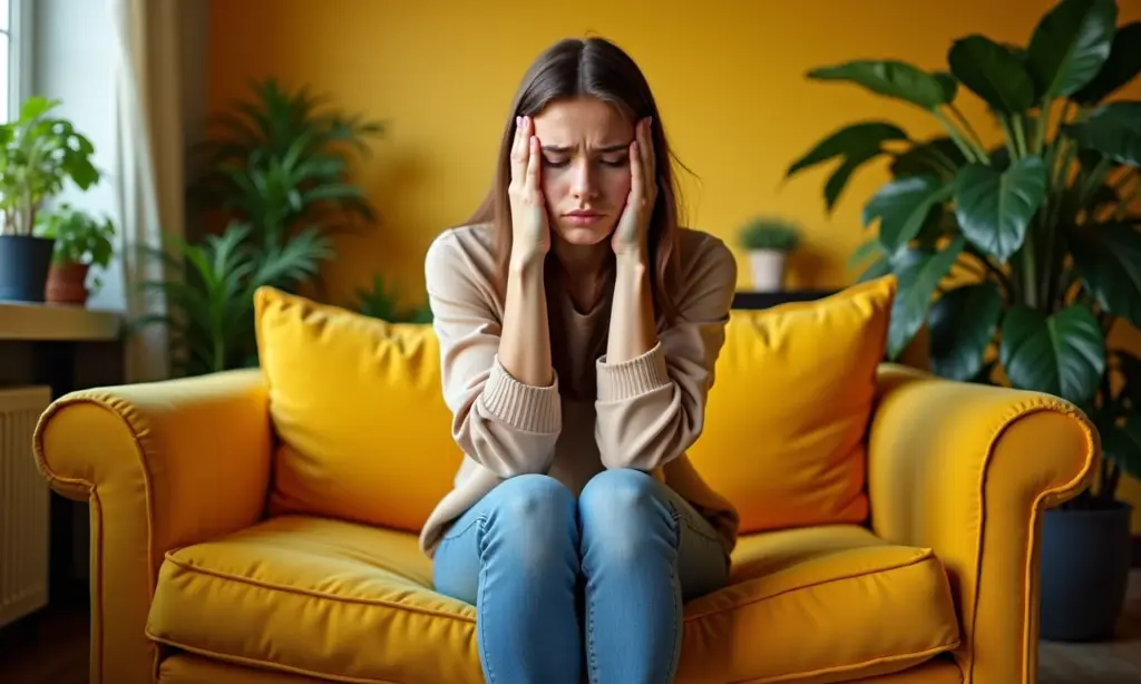 Violência Psicológica: Identifique os Sinais e Peça Ajuda Mulher sentada em um sofá amarelo com expressão de sofrimento, representando a violência psicológica.