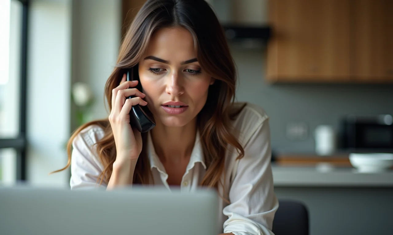 Mulher séria negocia dívidas ao telefone em apartamento moderno com decoração brasileira.