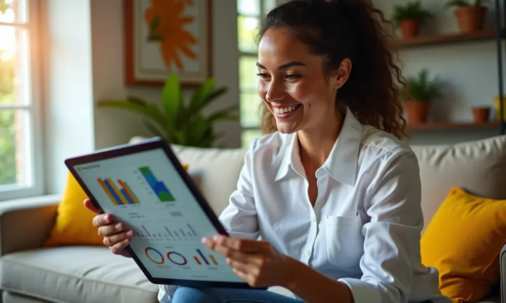 Como Ter Disciplina Financeira e Atingir Seus Objetivos Mulher sorrindo analisa finanças em tablet, cercada por decoração brasileira vibrante.