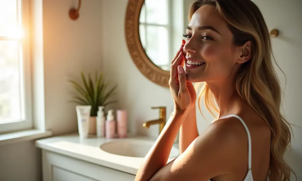 Skincare Noturna: O Passo a Passo Para Uma Pele Top Mulher sorrindo aplica produtos de skincare noturna em um banheiro vibrante e bem iluminado.
