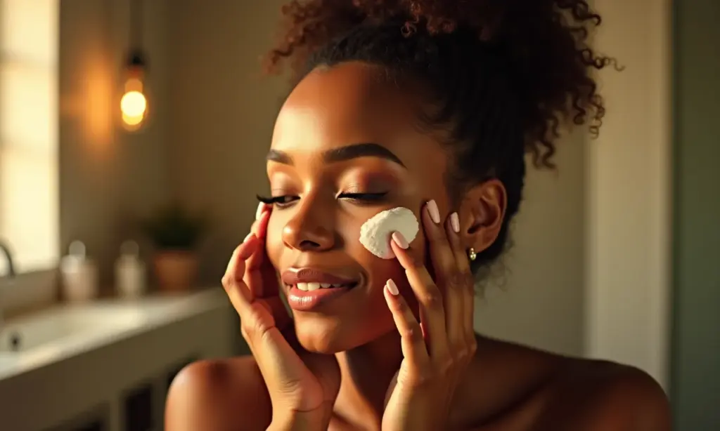 Skincare Noturna: O Passo a Passo Para Uma Pele Top Mulher sorrindo aplicando creme noturno no rosto em banheiro aconchegante.