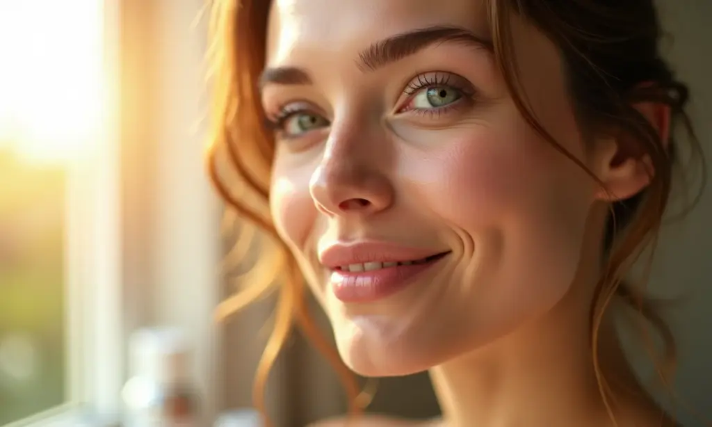 Mulher sorrindo com pele radiante e saudável.