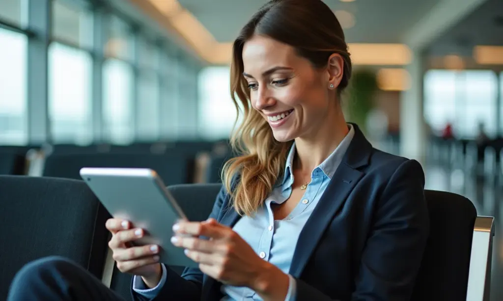Mulher sorrindo em sala de embarque analisa opções de seguro viagem no tablet.