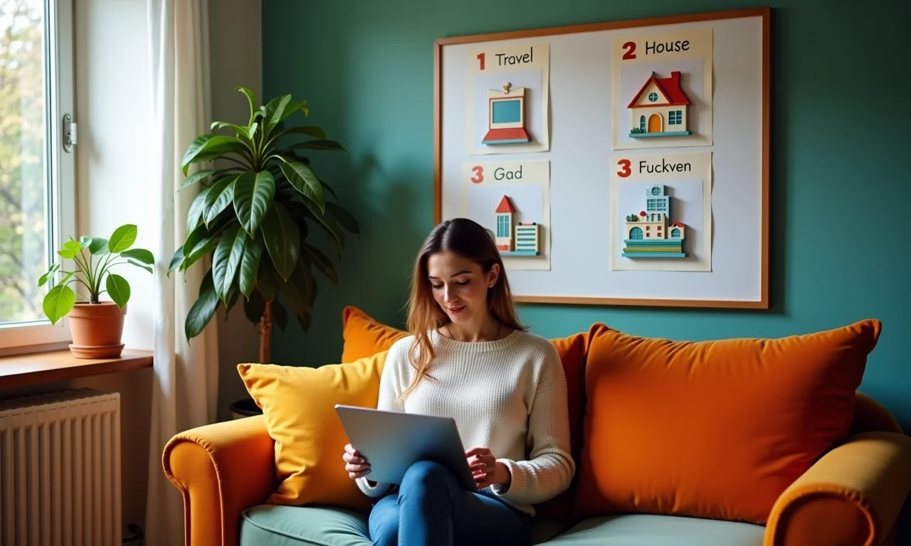 Mulher sorrindo, visualizando metas financeiras em um quadro inspirador.