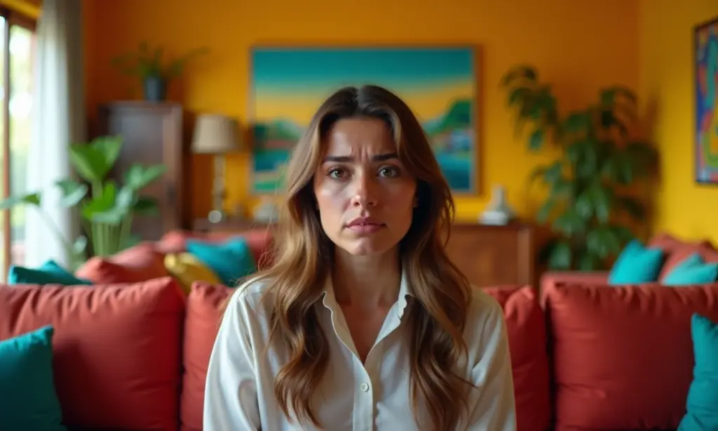 Mulher sozinha e angustiada em sala colorida, representando a violência psicológica.