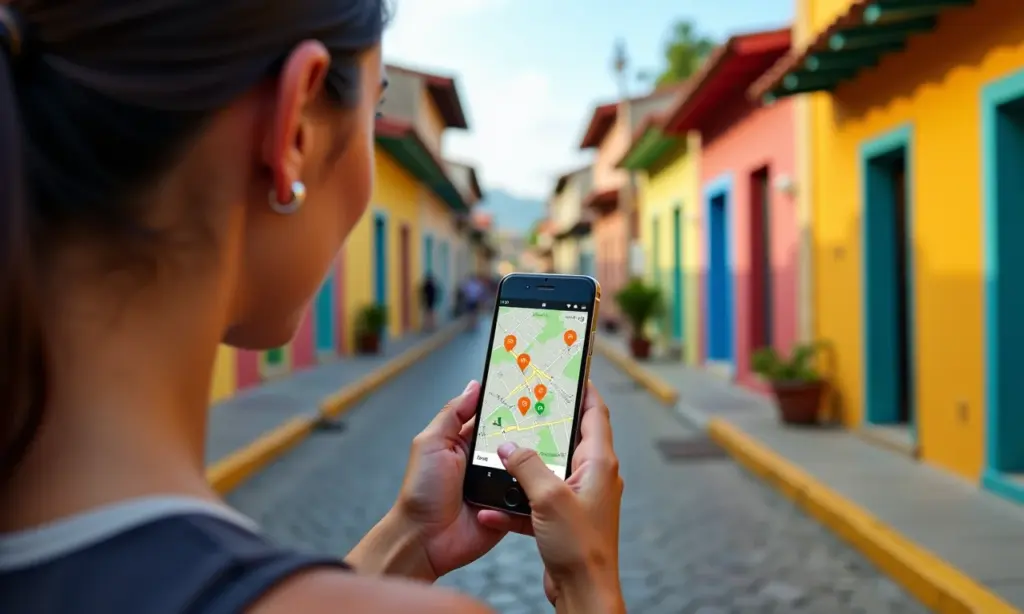 Mulher usando app de mapa em rua vibrante do Brasil.