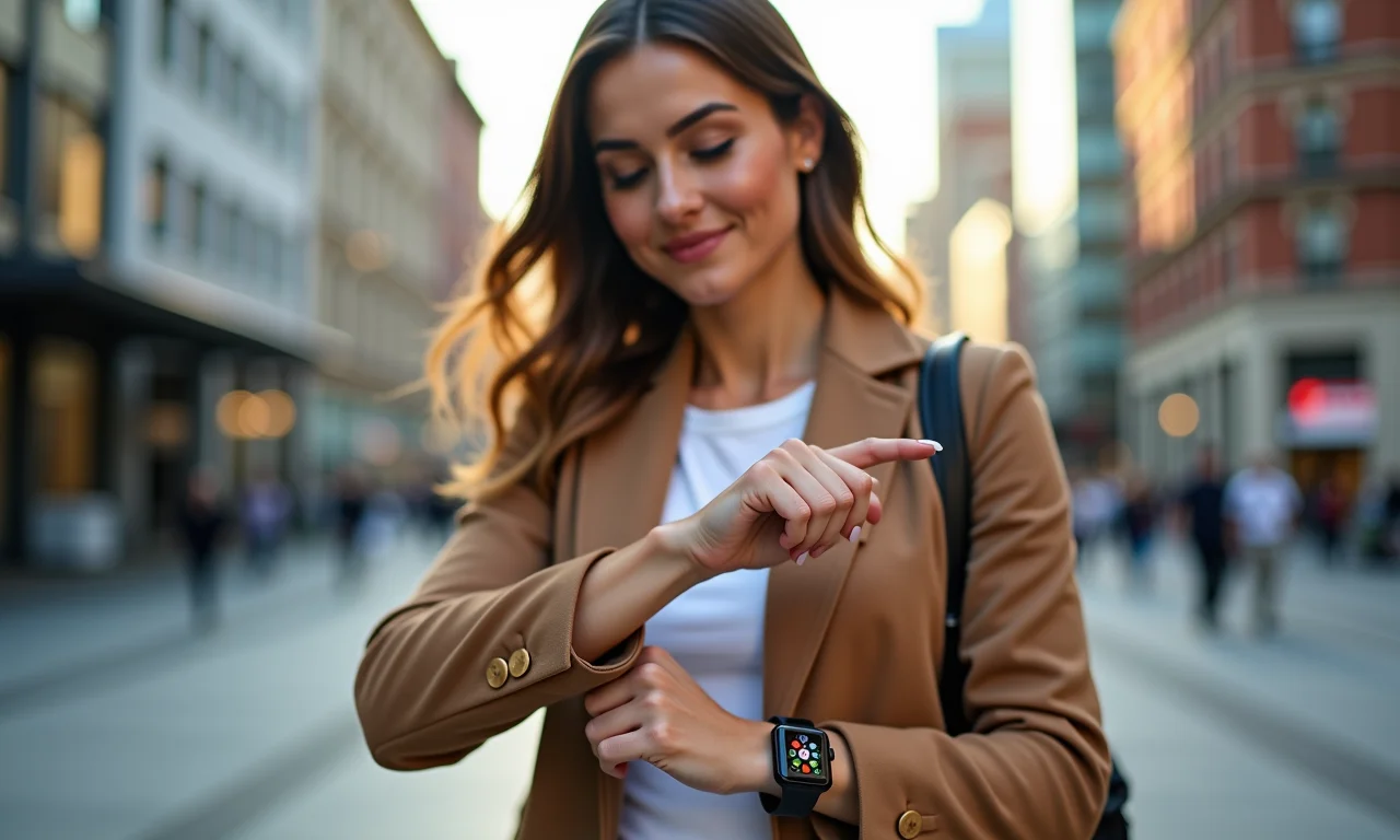 Mulher usando Apple Maps no Apple Watch na cidade.