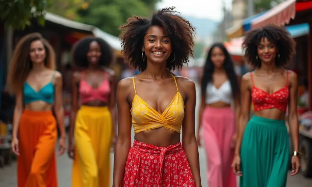 Mulheres diversas em saias envelope coloridas no mercado brasileiro.