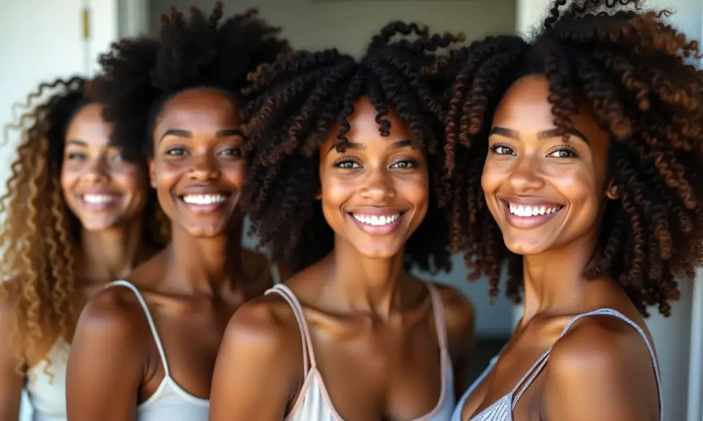 Mulheres diversas sorrindo, mostrando cabelos naturais e saudáveis com técnicas Low Poo e No Poo.