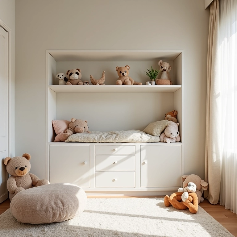 Nichos embutidos na parede para decoração em quarto de bebê.