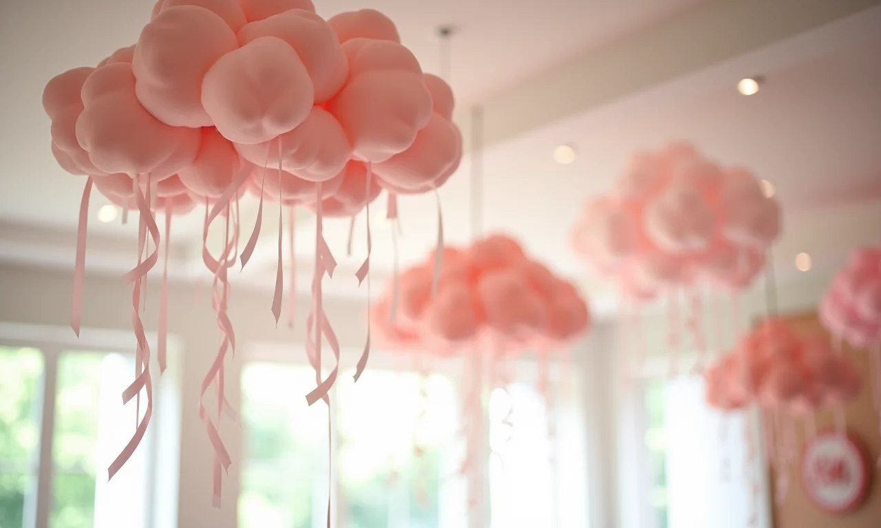 Nuvens delicadas penduradas no teto como decoração para festa Chuva de Amor.