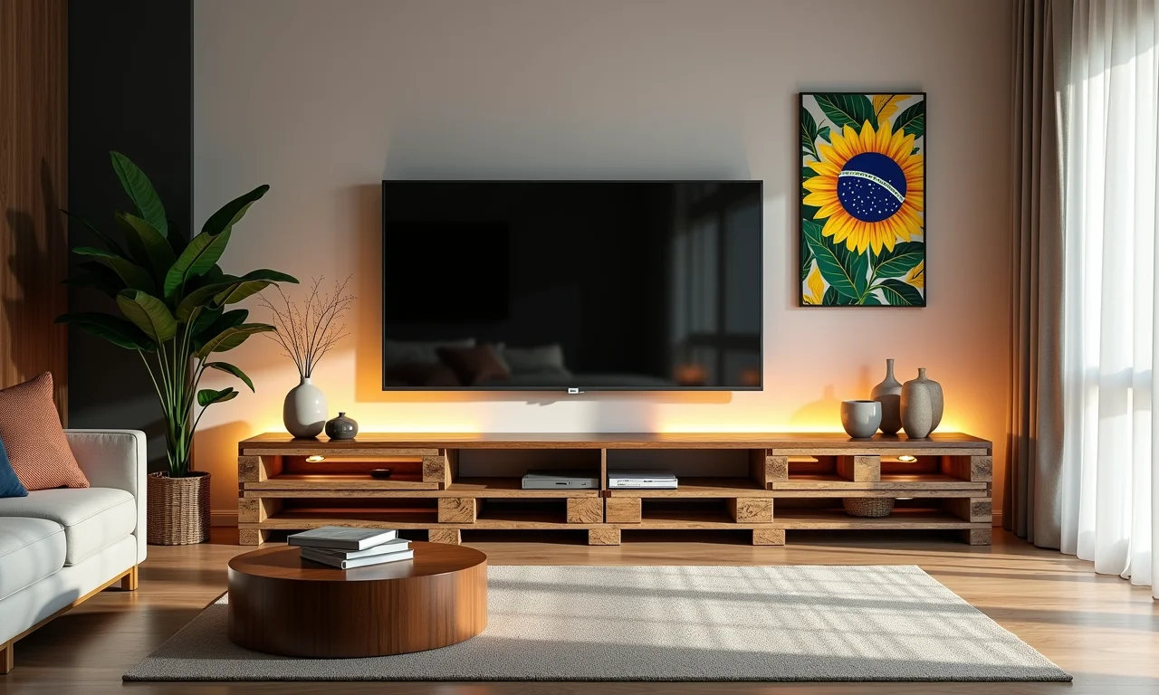 Painel de TV feito de pallet em uma sala de estar moderna.