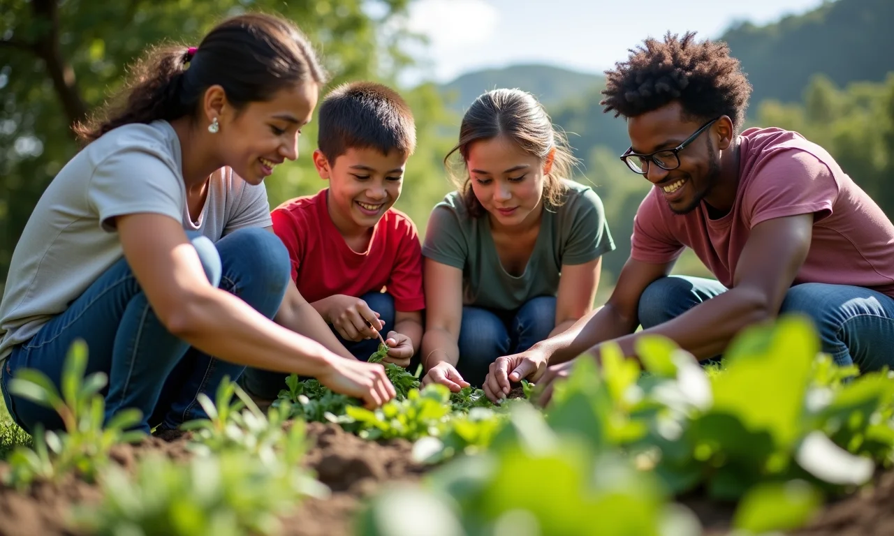 Pais e alunos adultos trabalhando juntos em projeto de horta comunitária.