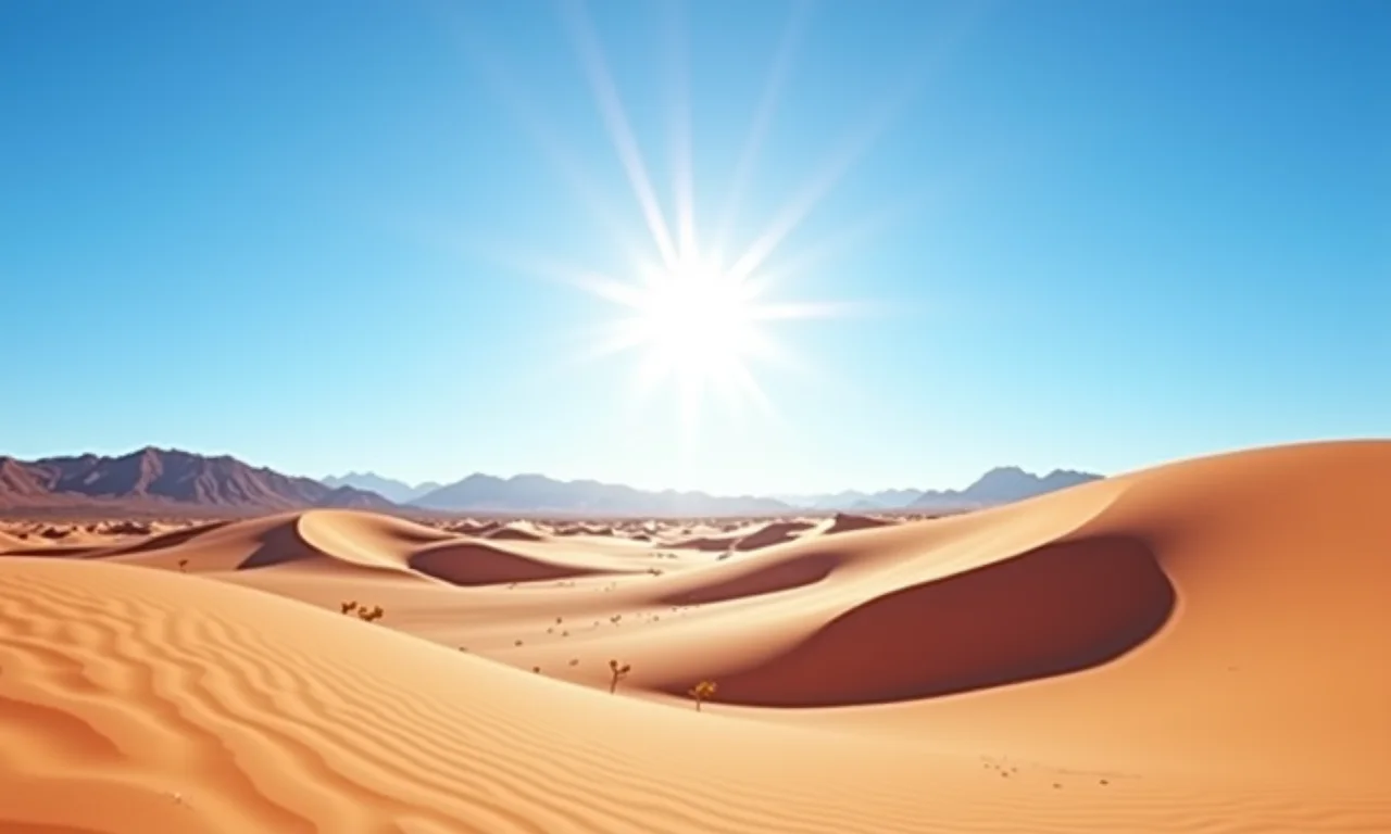Paisagem do Deserto do Atacama, Chile, com dunas áridas sob o sol intenso e céu azul.