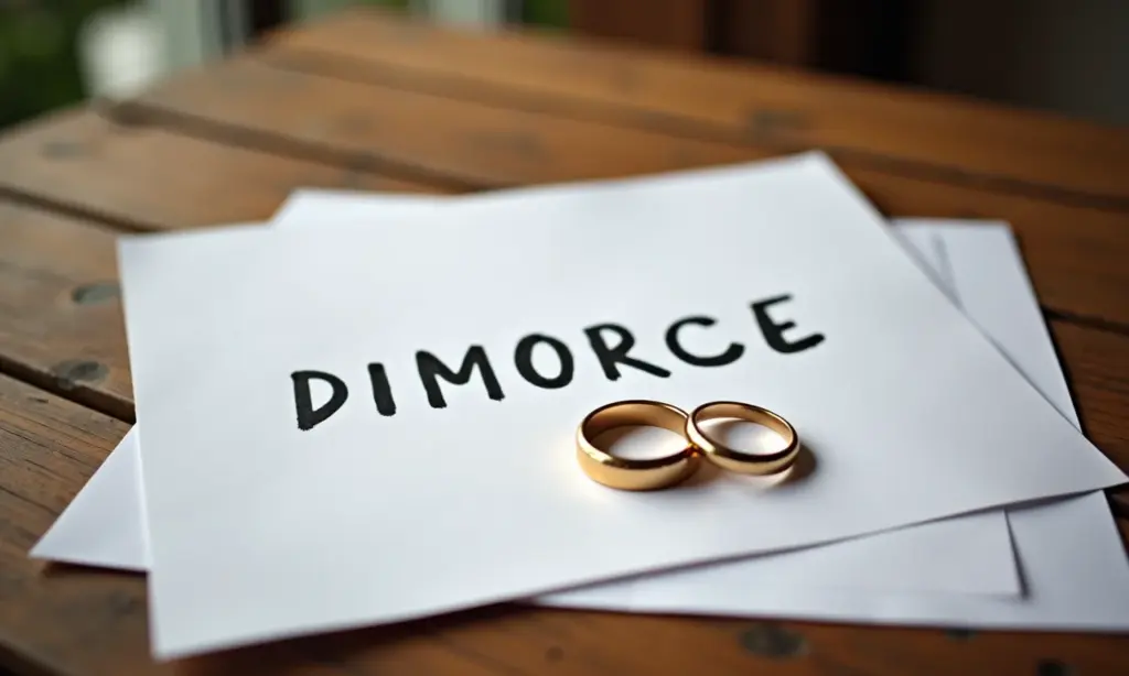 Papéis de divórcio e alianças sobre mesa de madeira, simbolizando o fim do casamento.