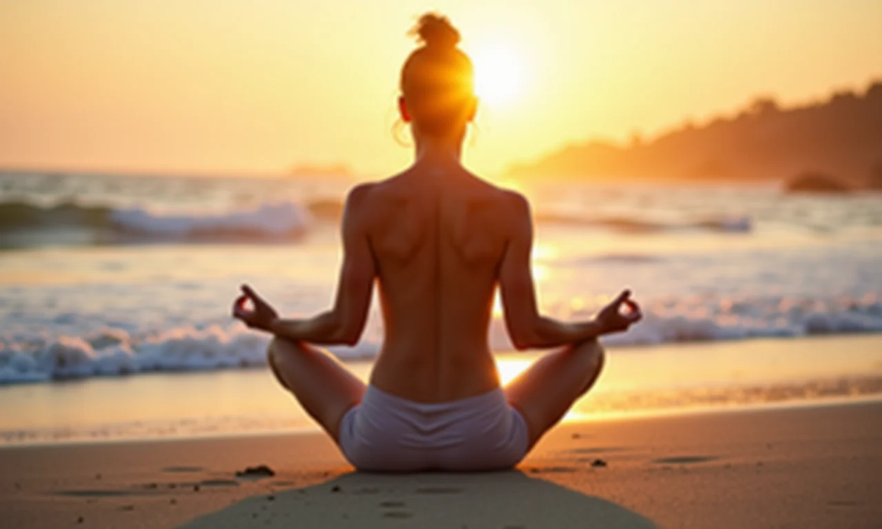 Pessoa meditando nua em praia tranquila ao nascer do sol.