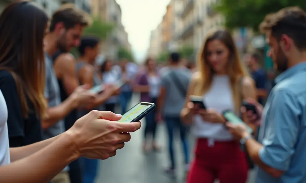 Pessoas diversas usando apps de mapa no celular em rua movimentada no Brasil.