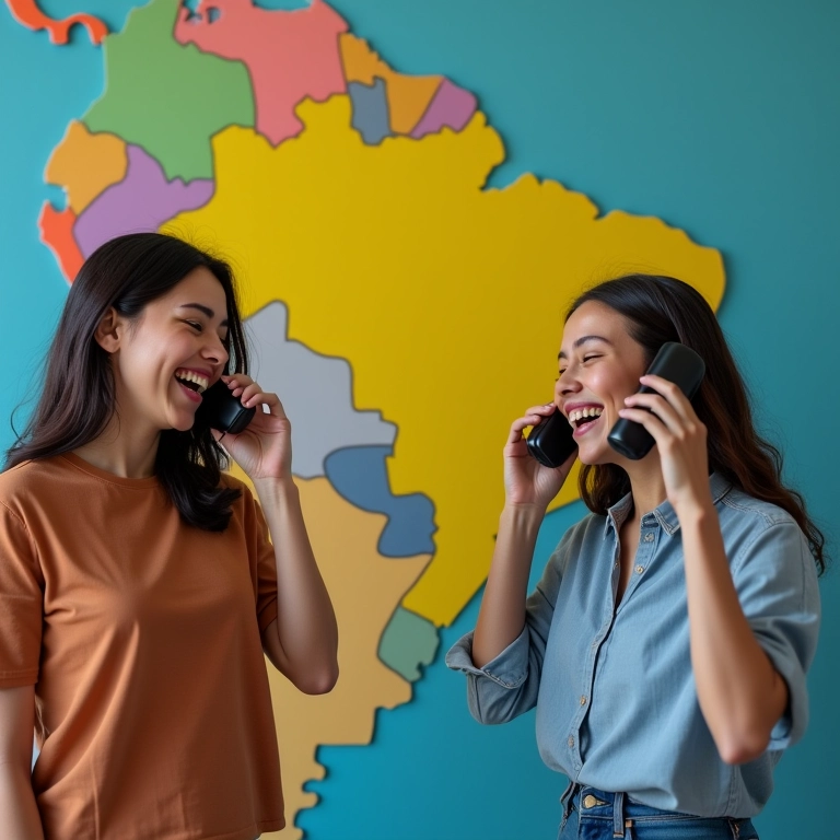 Pessoas felizes conversando ao telefone, com mapa do Brasil ao fundo.