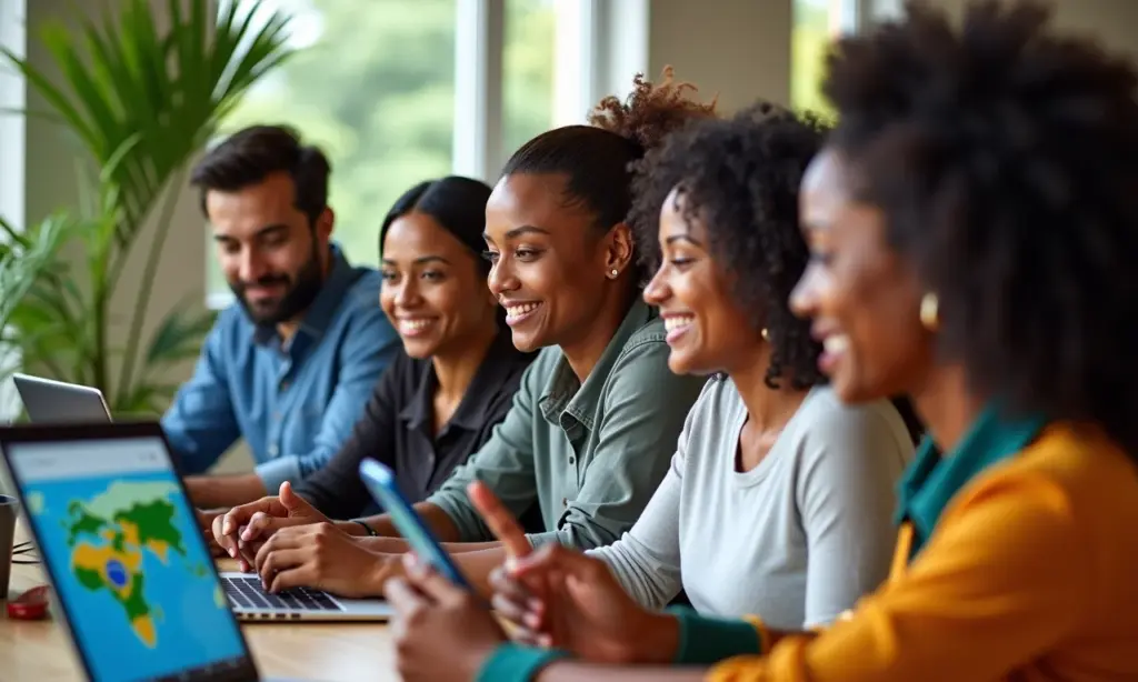 Pessoas interagindo com um site responsivo em diferentes dispositivos.